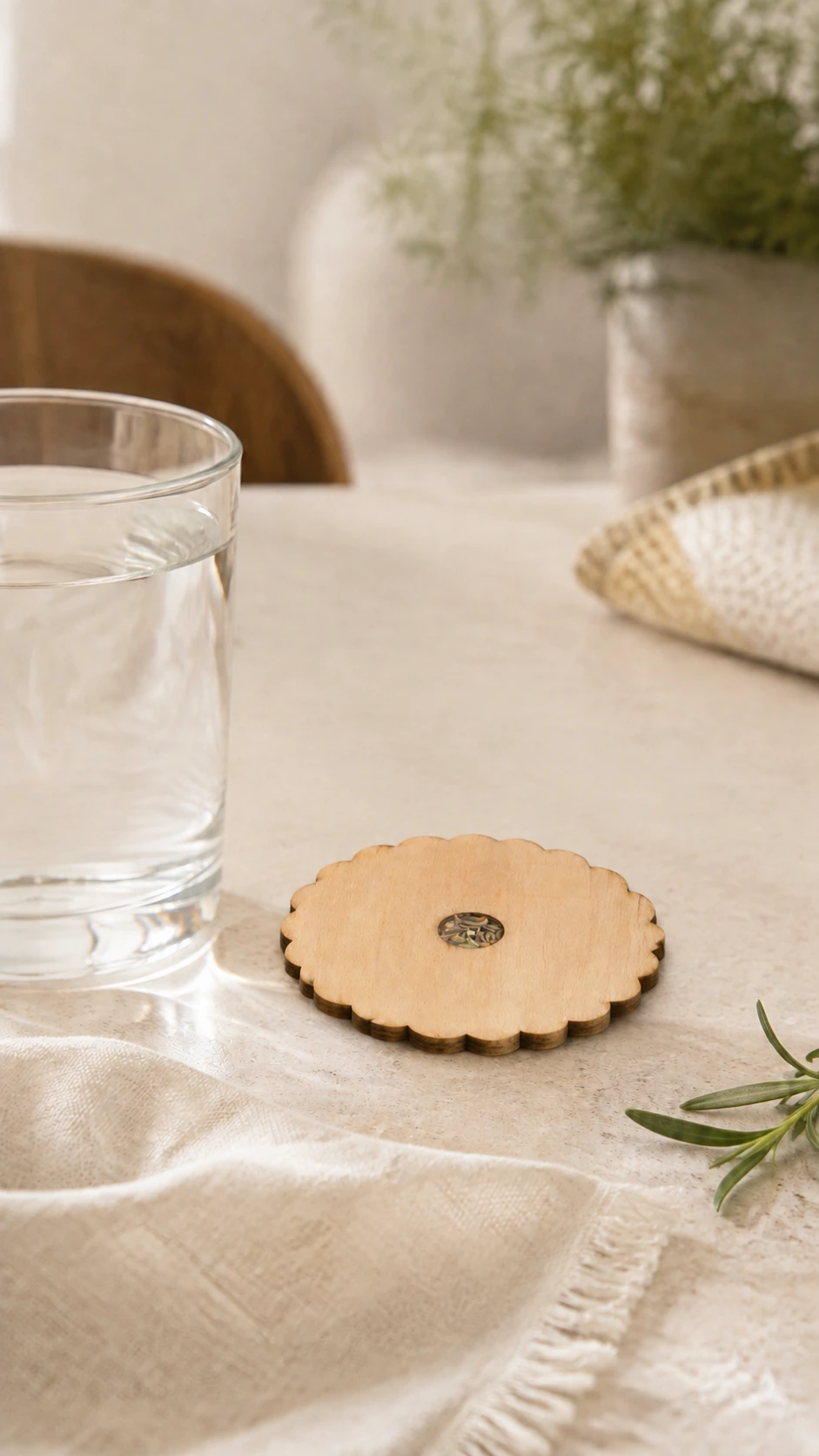 Posavasos de madera con semillas apoyado en una mesa junto a un vaso de agua.