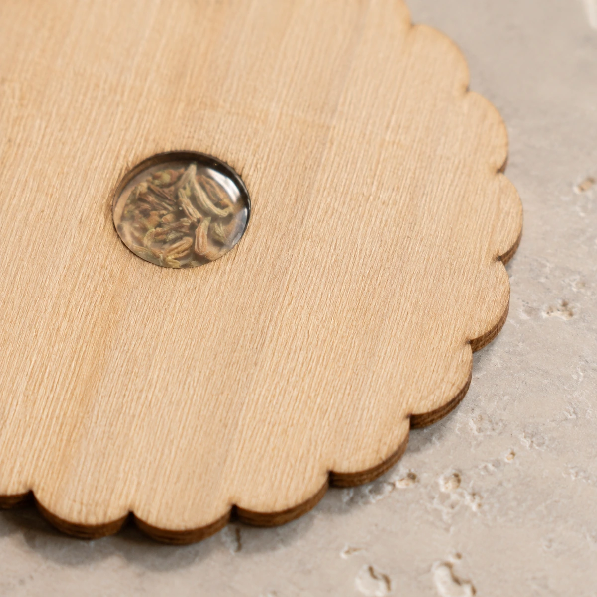 Detalle de la ventana transparente con semillas del posavasos de madera.