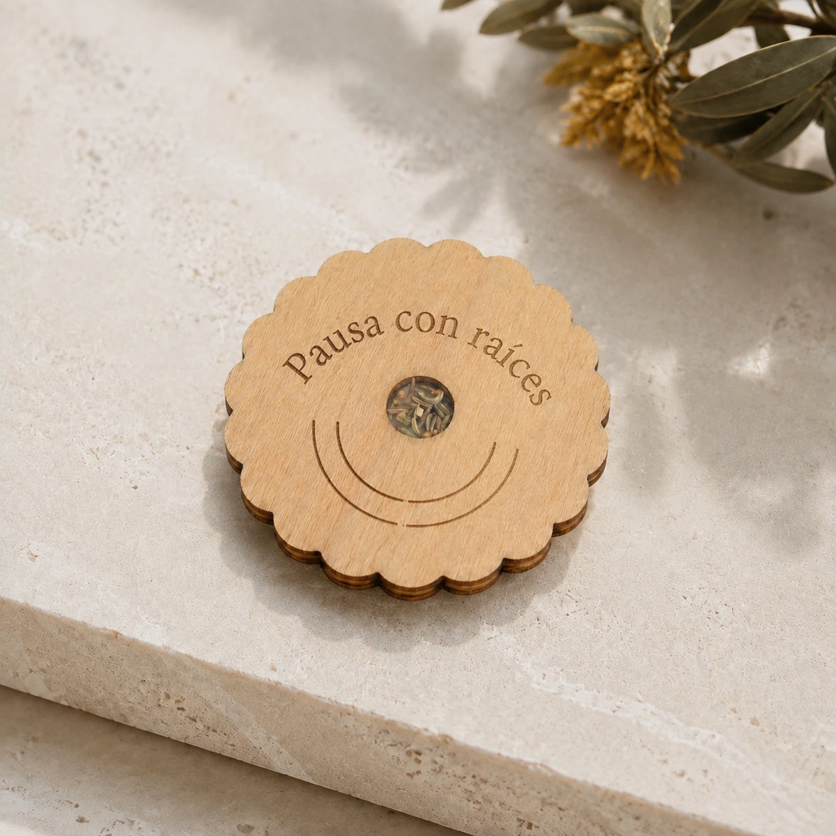 Posavasos de madera con semillas y grabado personalizado; propuesta de grabado láser con la frase «Pausa con raíces» en una composición de tonos naturales.
