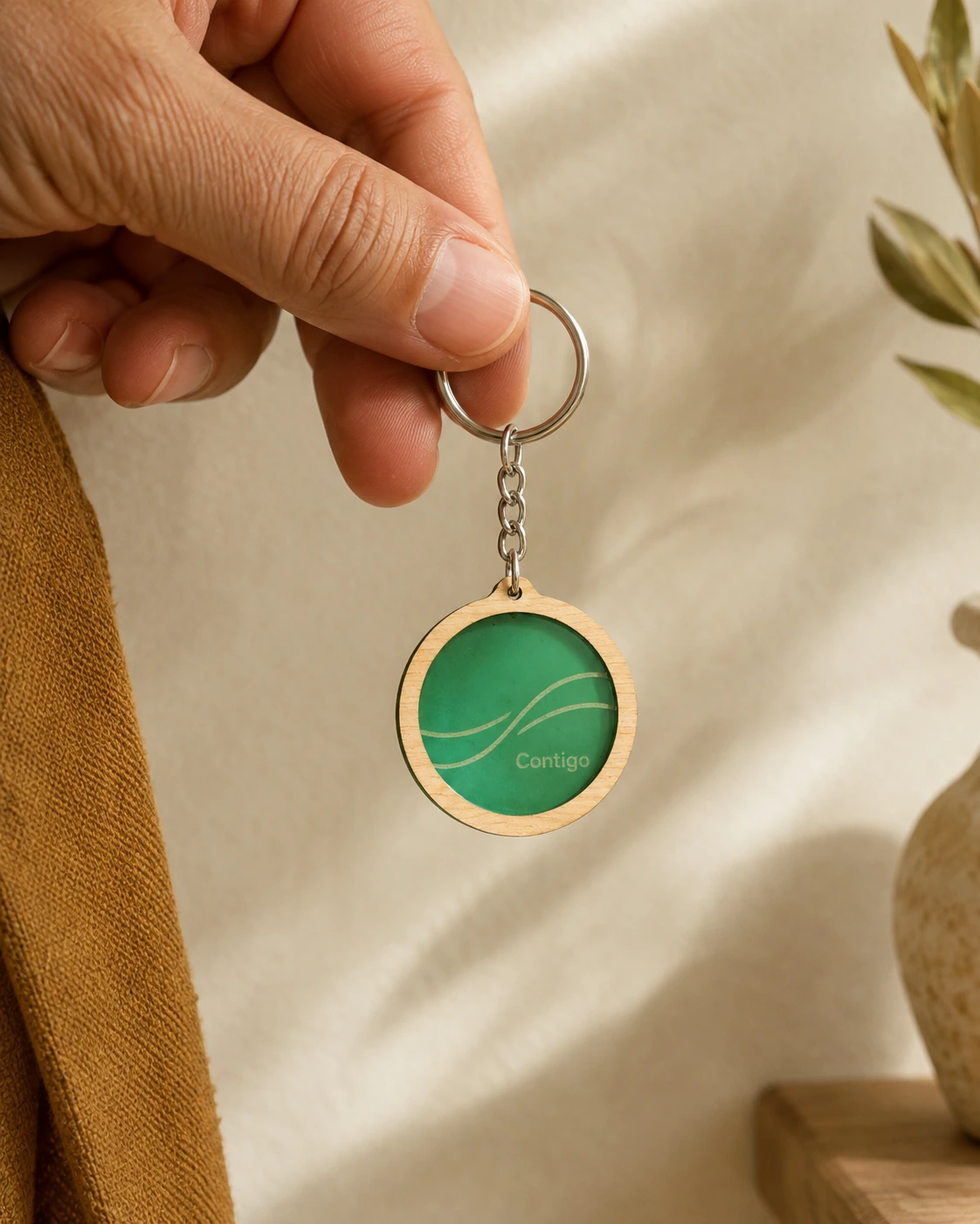 Llavero de biomaterial y madera con grabado Contigo y líneas suaves.