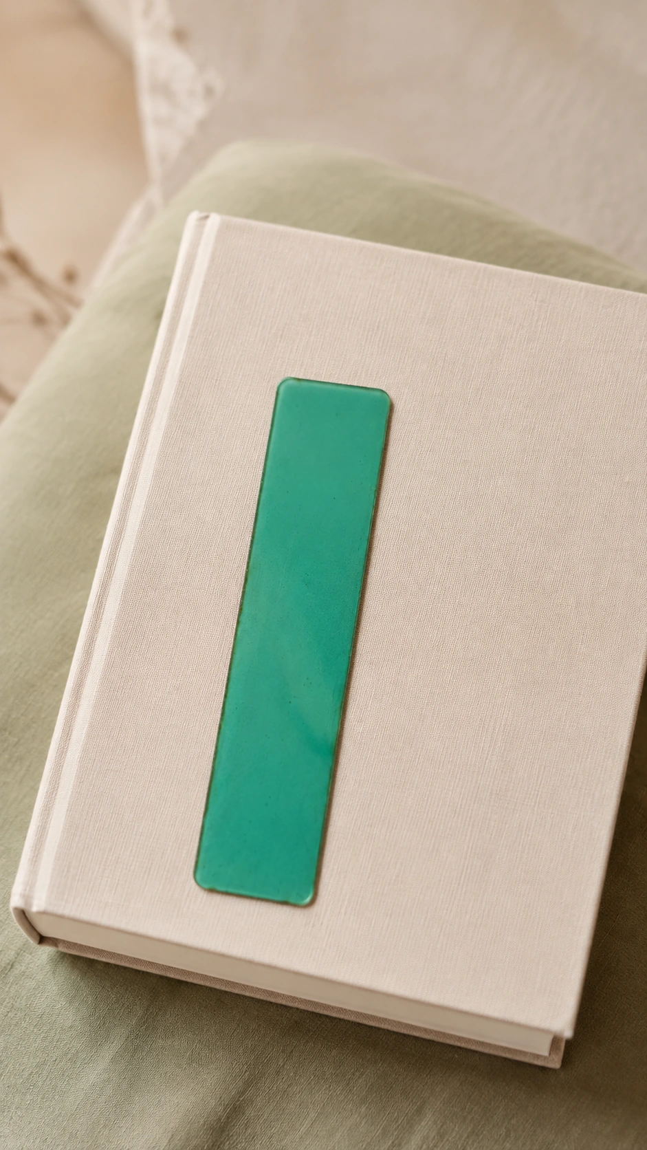 Marcapáginas verde de biomaterial sobre un libro de cubierta clara.