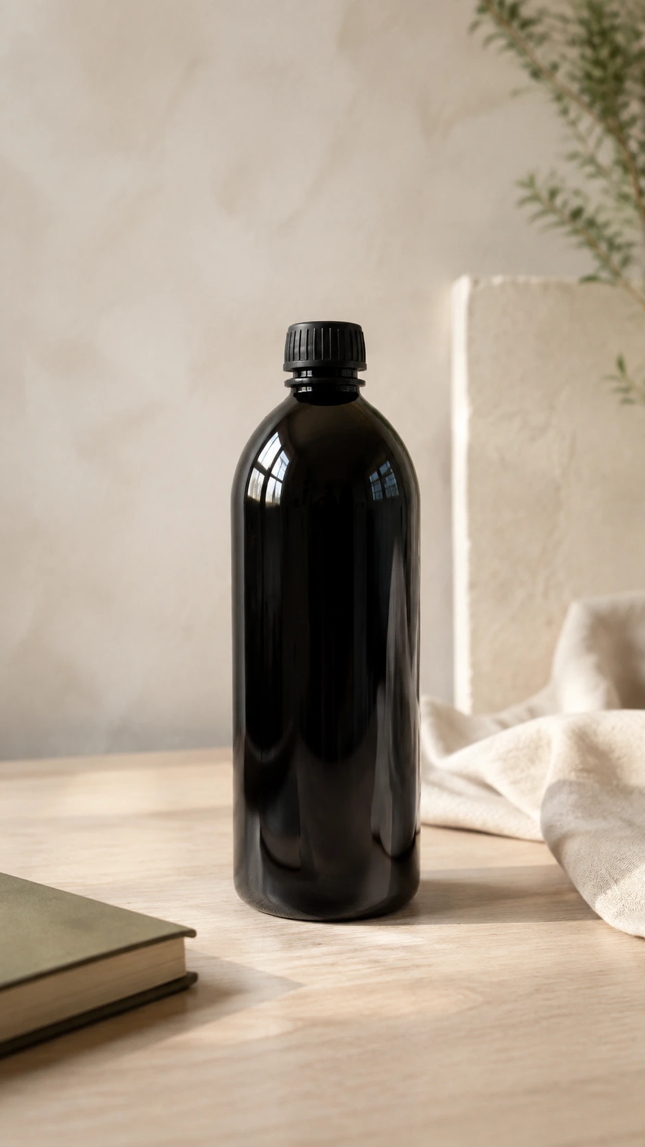 Botella de vidrio oscuro de 500 ml en un escritorio de madera clara.