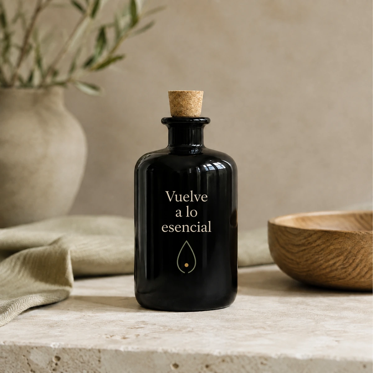 Botella de vidrio oscuro de 500 ml con tapón de corcho; propuesta de impresión con la frase «Vuelve a lo esencial» en una composición de tonos naturales.
