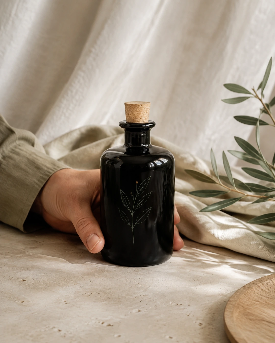 Botella de vidrio oscuro con una propuesta de diseño botánico fino.