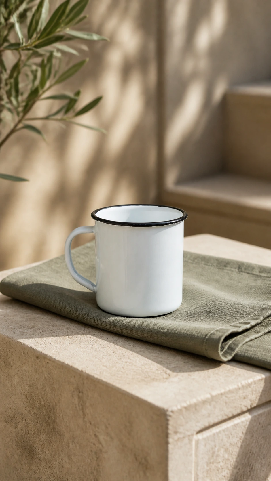 Taza de acero esmaltado de 400 ml con borde negro en un ambiente luminoso con materiales naturales