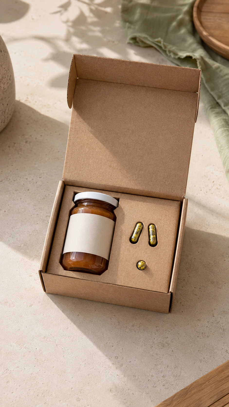Pack de mermelada de manzana y canela con tres cápsulas de semillas, composición vertical en un entorno cálido