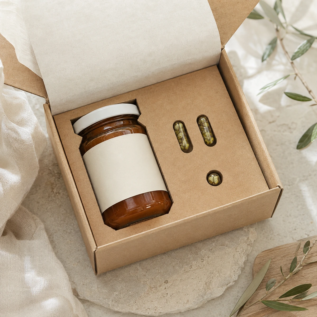 Pack de mermelada de manzana y canela con tres cápsulas de semillas, detalle de los materiales y contenido