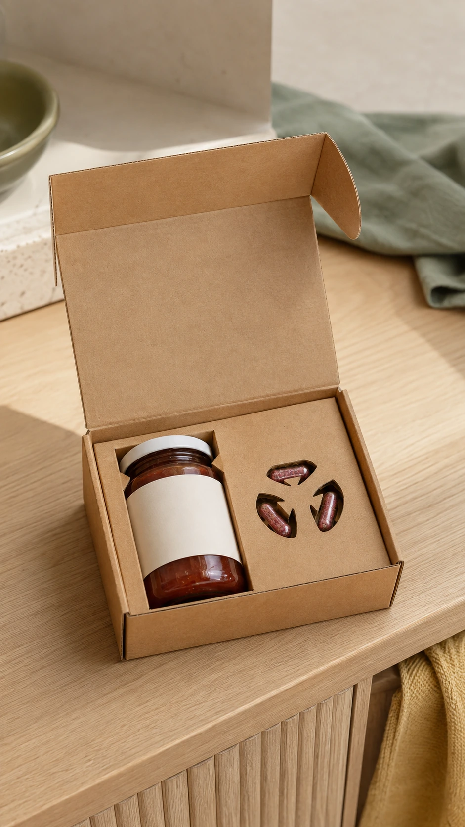 Pack de mermelada de tomate con tres cápsulas de semillas, composición vertical en un entorno cálido