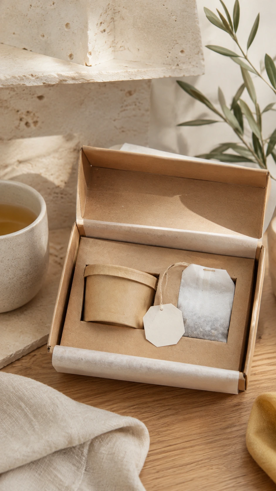 Pack de infusiones de salvia y menta con sobre de semillas separado, composición vertical en un entorno cálido