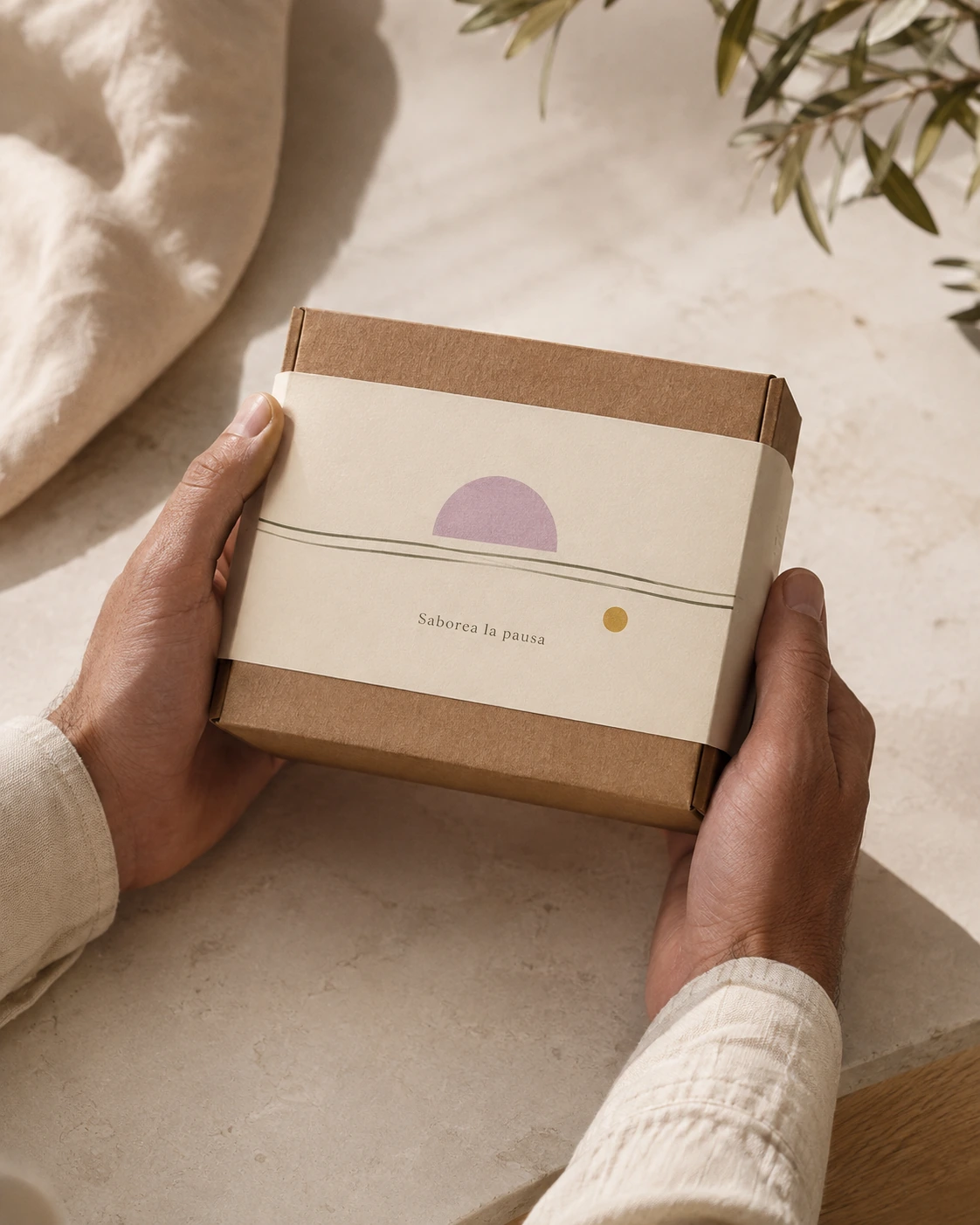 Pack de infusiones de melisa y lavanda con sobre de semillas separado, simulación de personalización con la frase «Saborea la pausa»