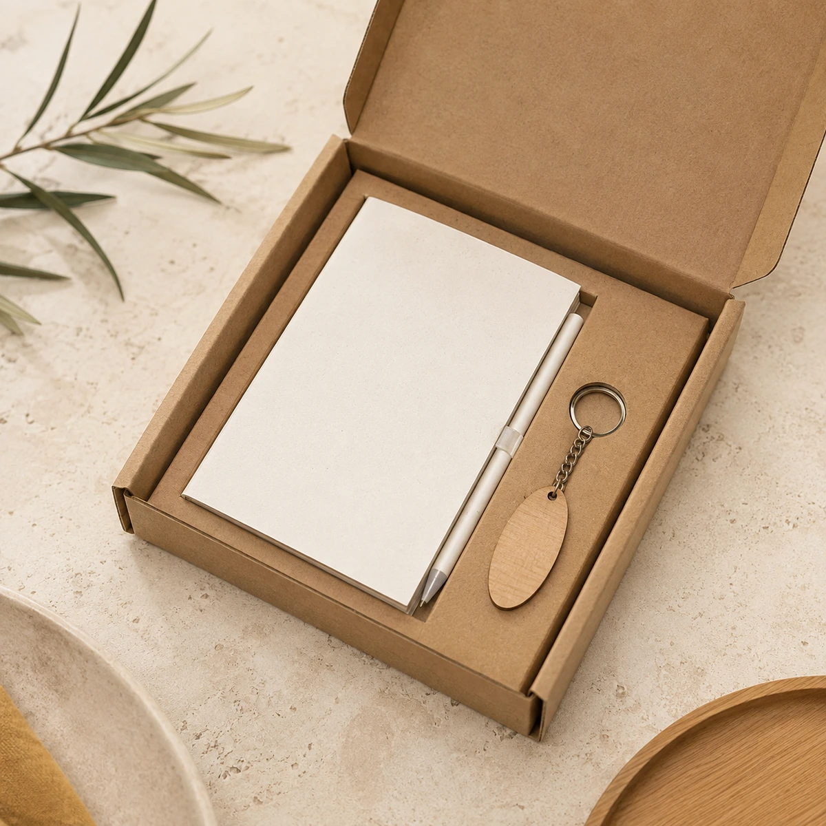Pack de bienvenida con libreta, lápiz y llavero de madera en caja kraft