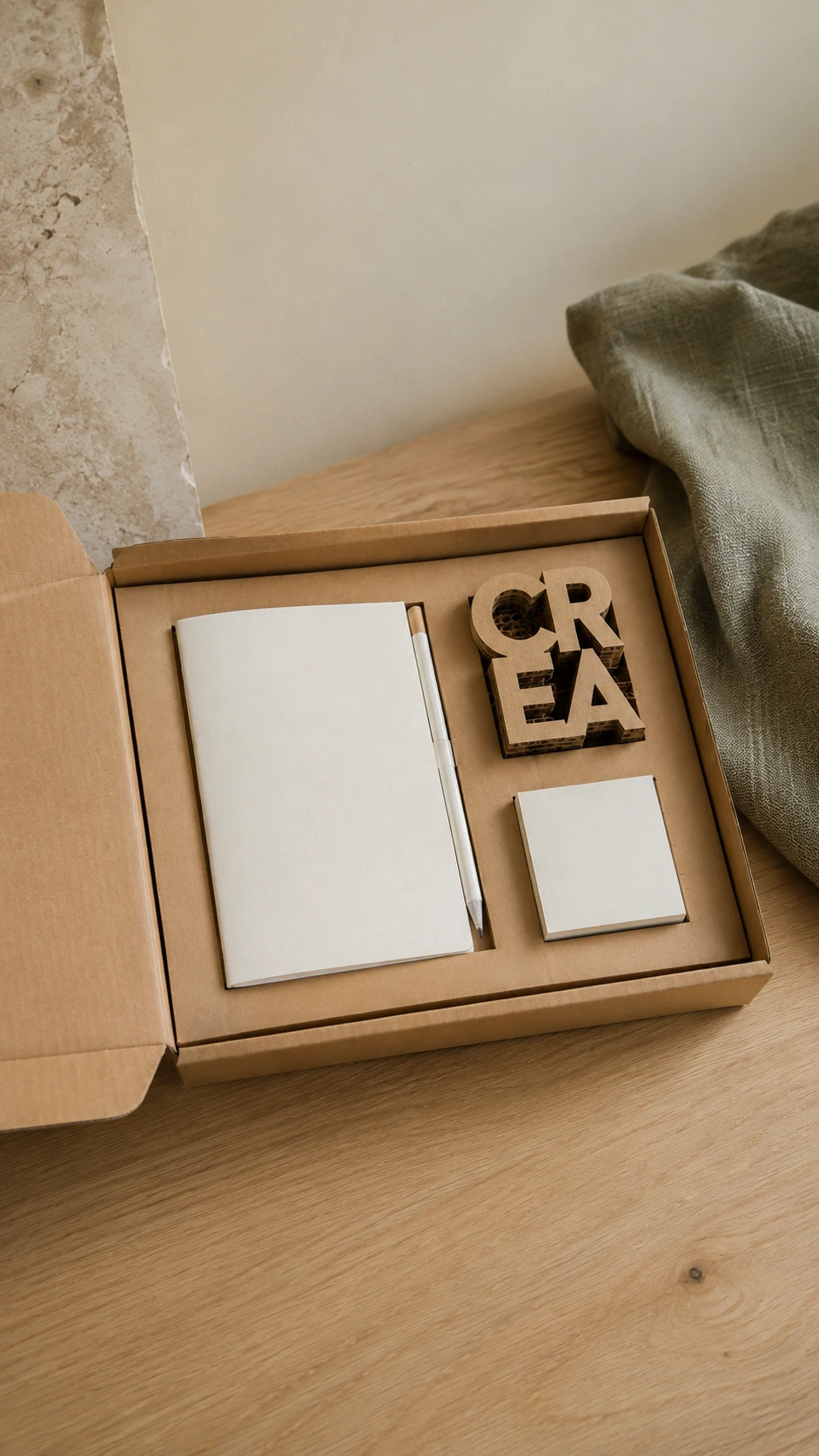 Caja de escritorio con organizador de cartón y papelería junto a una ventana