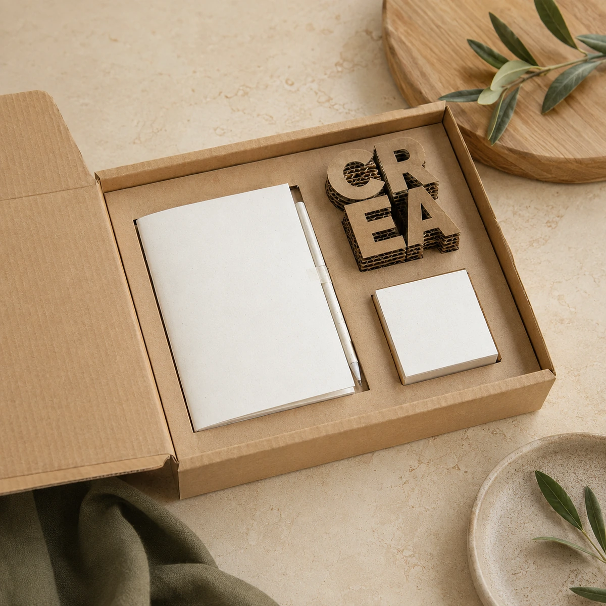 Pack de escritorio con libreta, lápiz, caja de calendario y organizador de cartón