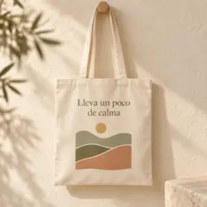 Bolsa Tote Brisa beige con asas largas y el diseño «Lleva un poco de calma» en oliva, mostaza y terracota.