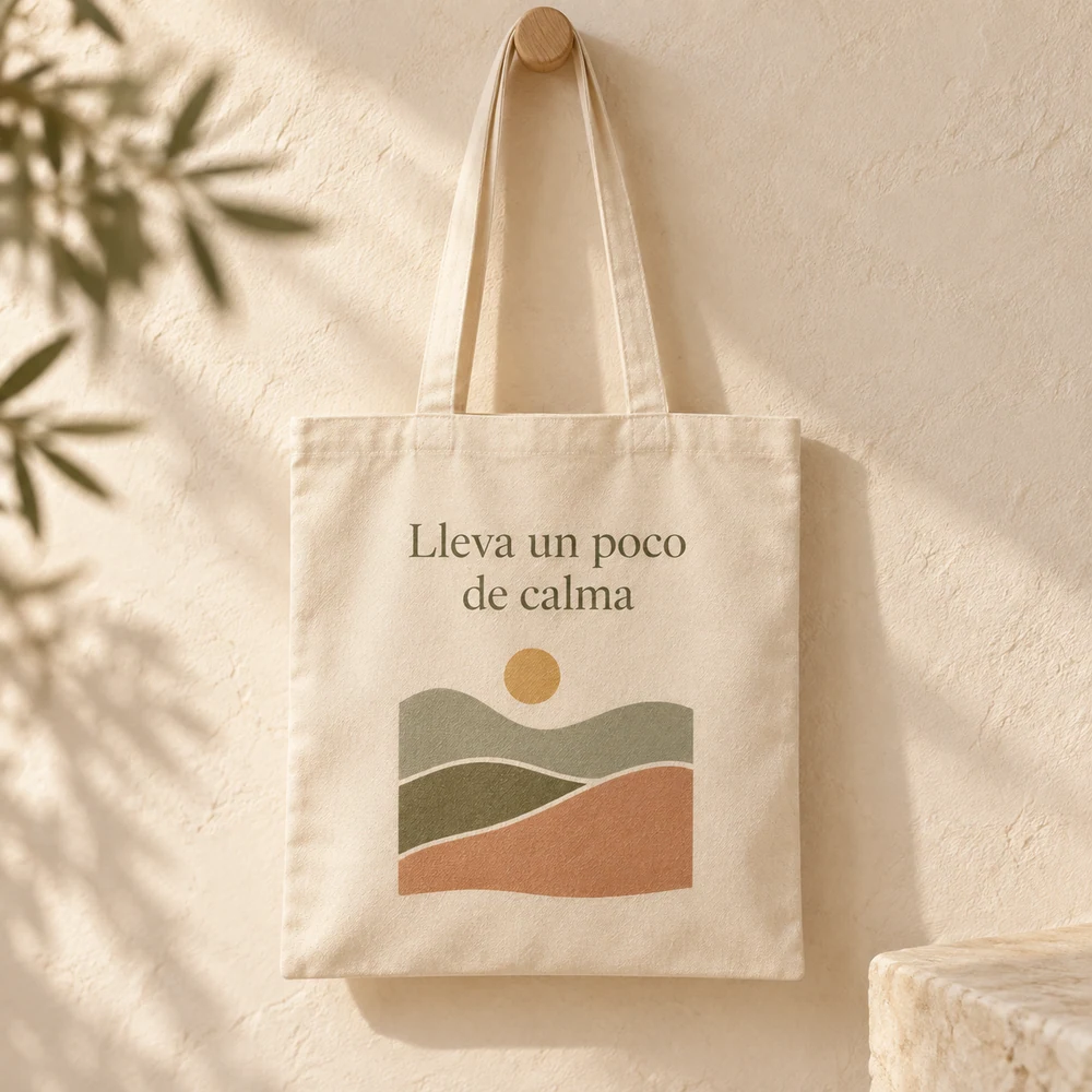 Bolsa Tote Brisa beige con asas largas y el diseño «Lleva un poco de calma» en oliva, mostaza y terracota.