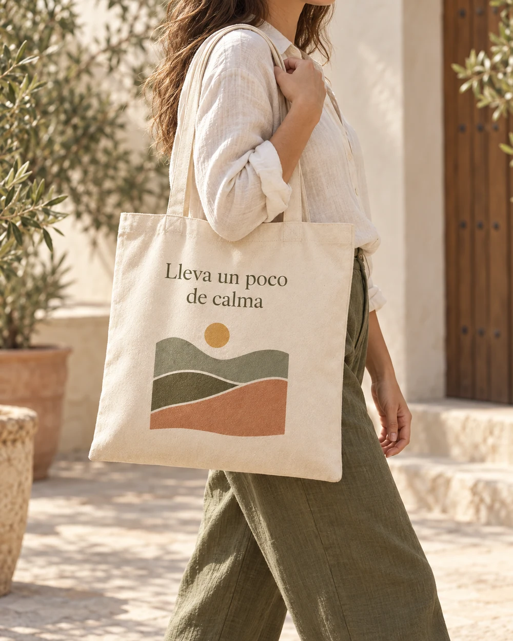 Tote Brisa con el diseño a color llevada al hombro junto a una fachada de tonos claros.