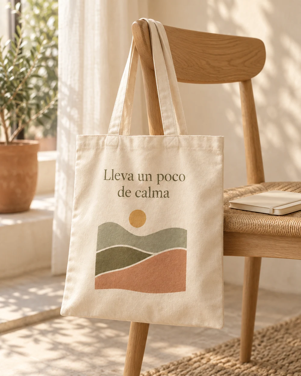 Tote Brisa beige con el diseño a color colgada de una silla de madera junto a una ventana.