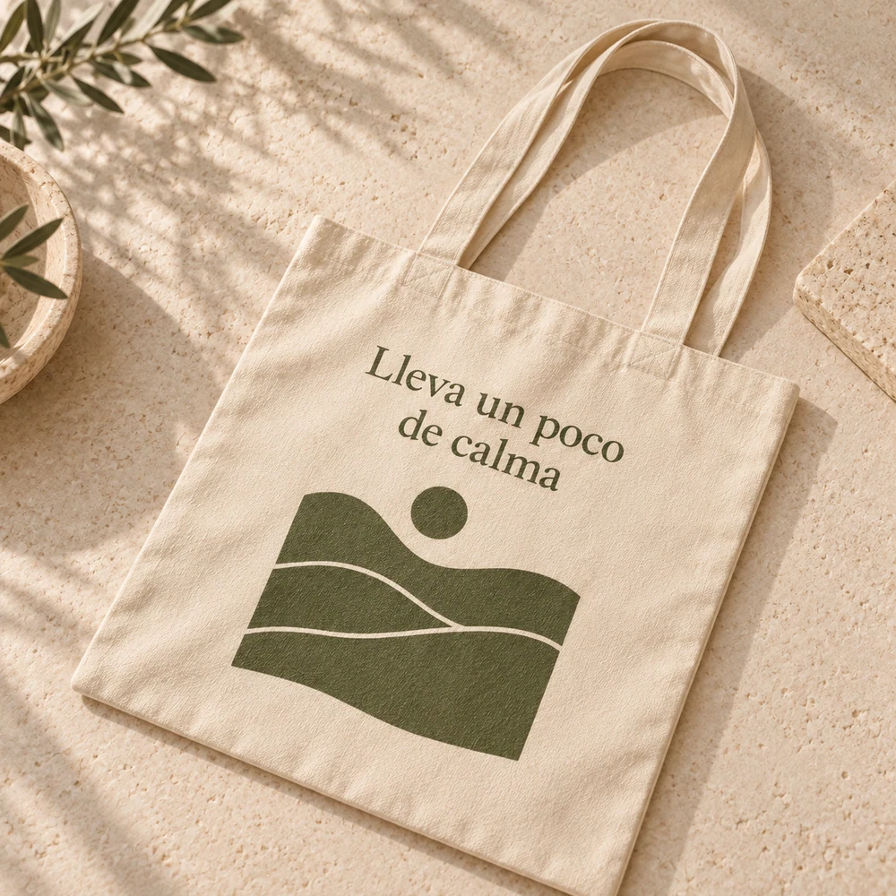 Detalle de Tote Brisa con el diseño completo impreso a una tinta oliva.