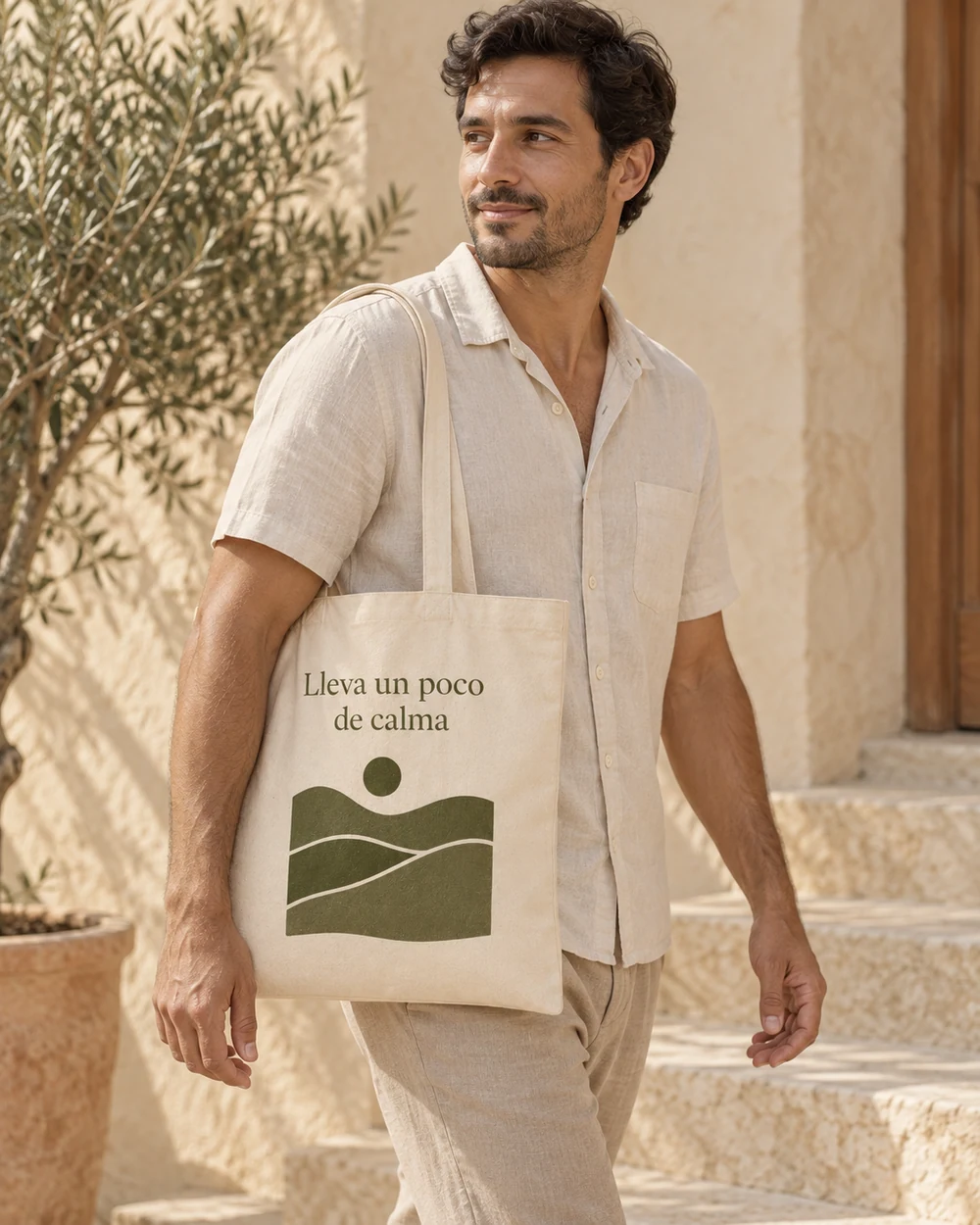 Tote Brisa con el diseño a una tinta oliva llevada al hombro en un patio mediterráneo.