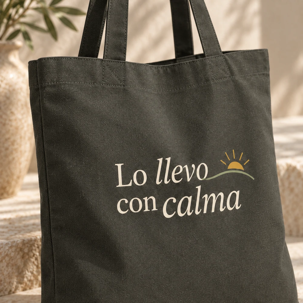 Tote Alba en khaki, detalle de la personalización a color.