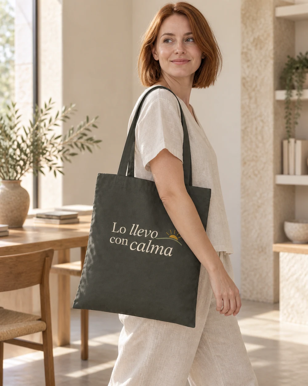 Tote Alba en khaki, en uso con personalización a color.