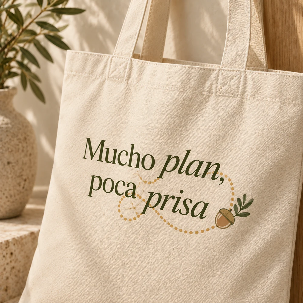 Tote Roble en natural, detalle de la personalización a color.