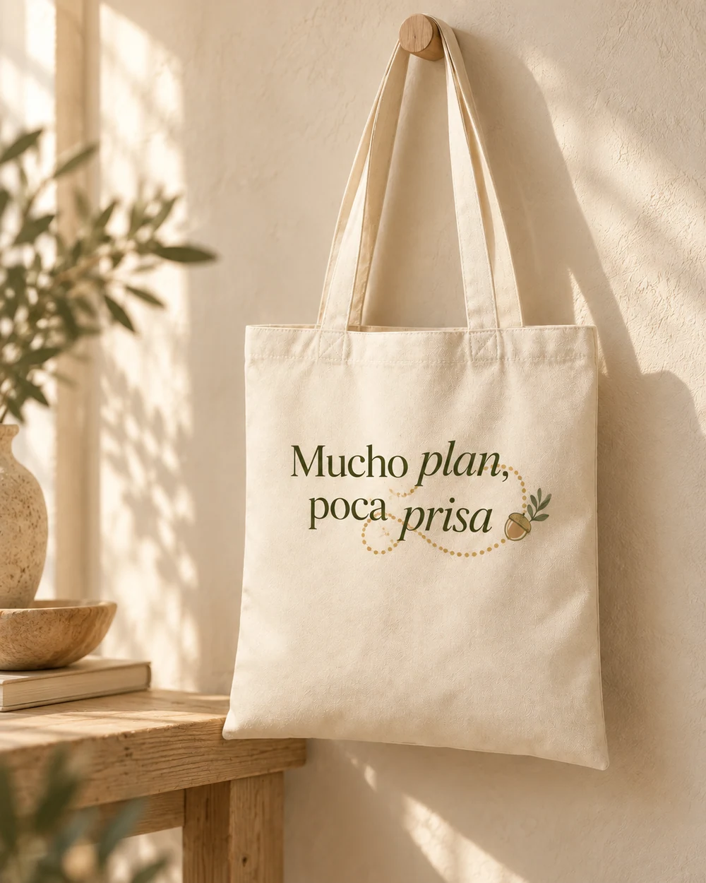 Tote Roble en natural, en un ambiente de uso con personalización a color.