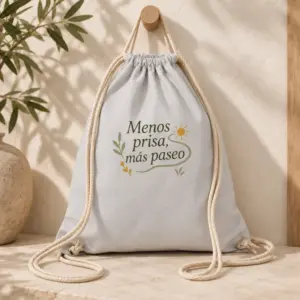 Mochila Senda en gris claro, vista principal con personalización a color.