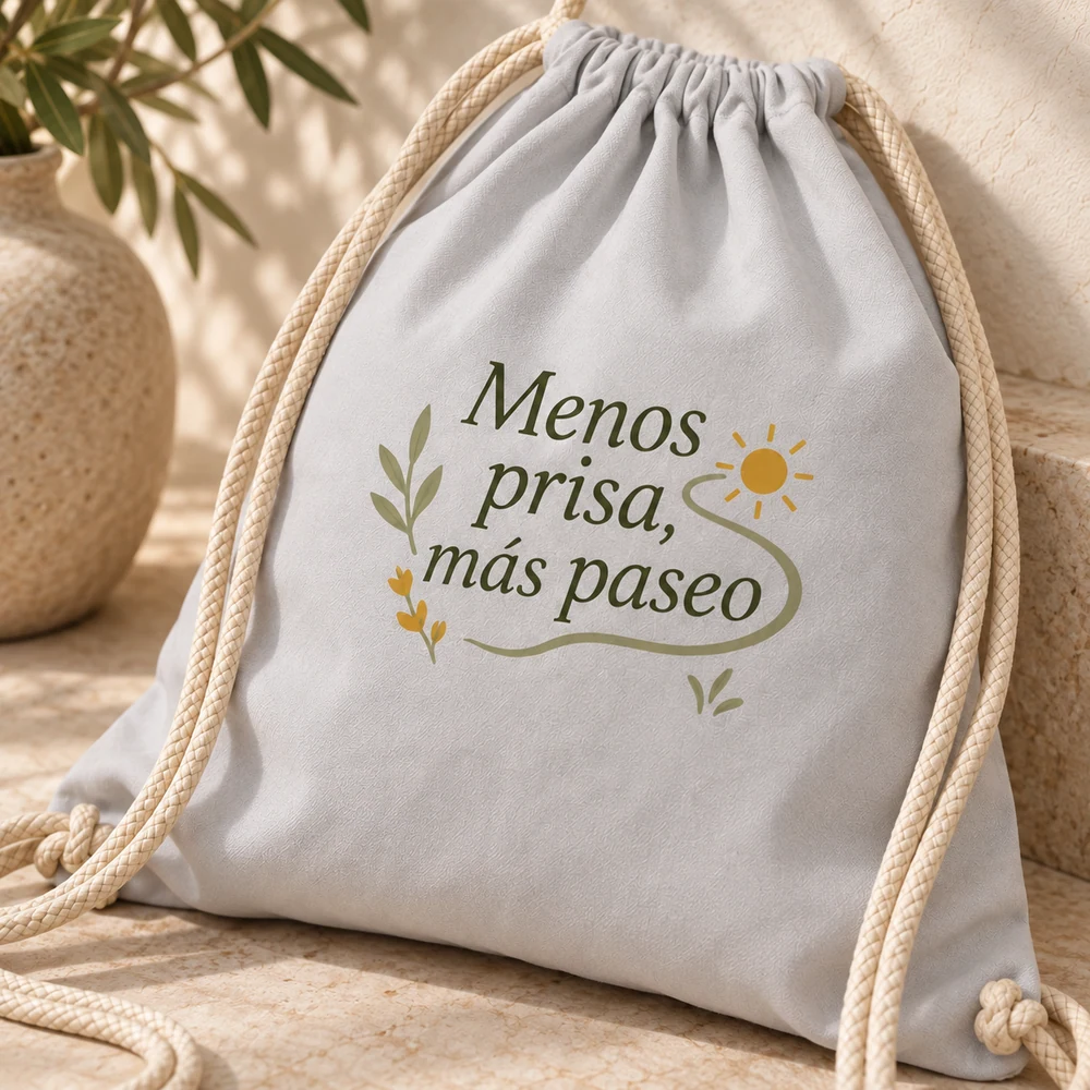 Mochila Senda en gris claro, detalle de la personalización a color.