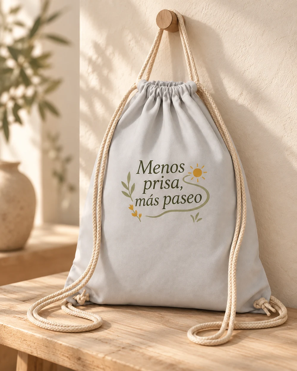 Mochila Senda en gris claro, en un ambiente de uso con personalización a color.