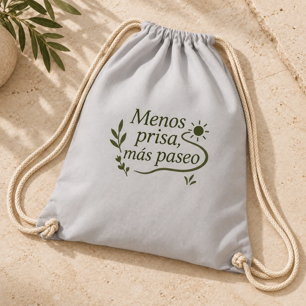 Mochila Senda en gris claro, detalle de la personalización a una tinta.