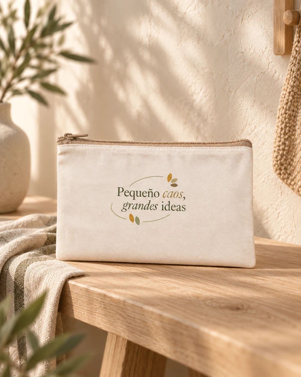Estuche Semilla en crudo con cremallera beige, en un ambiente de uso con personalización a color.