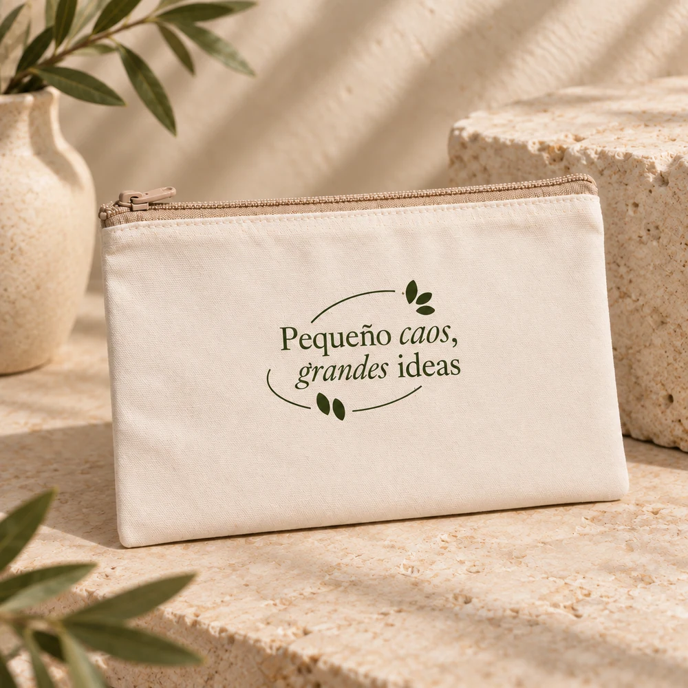 Estuche Semilla en crudo con cremallera beige, detalle de la personalización a una tinta.