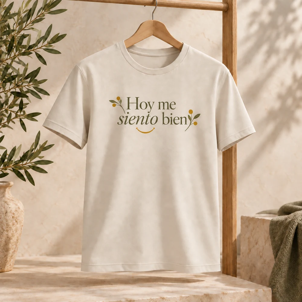 Camiseta Aurora en beige crema, vista principal con personalización a color.