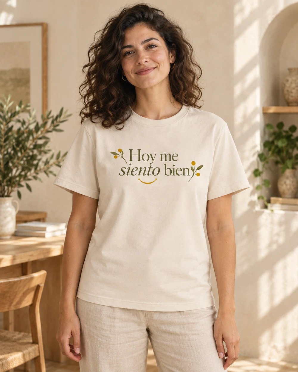 Camiseta Aurora en beige crema, en uso con personalización a color.