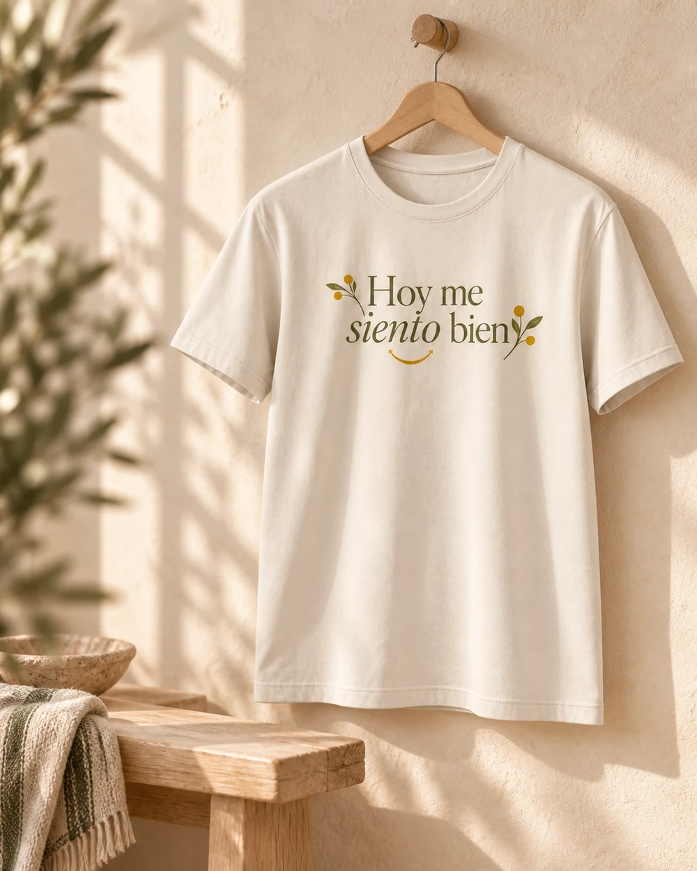 Camiseta Aurora crema en una percha de madera, con una frase y un pequeño motivo vegetal.