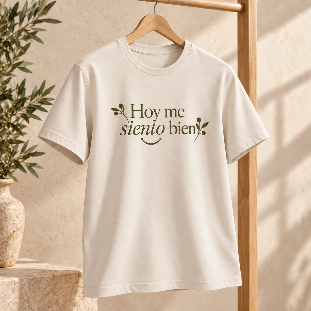 Camiseta Aurora en beige crema, detalle de la personalización a una tinta.
