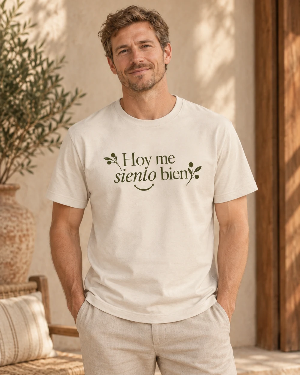 Camiseta Aurora en beige crema, en uso con personalización a una tinta.