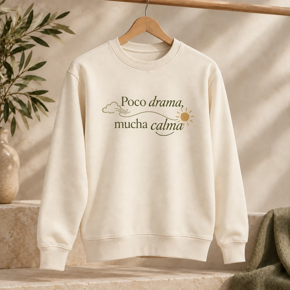 Sudadera Serena en crudo natural, vista principal con personalización a color.