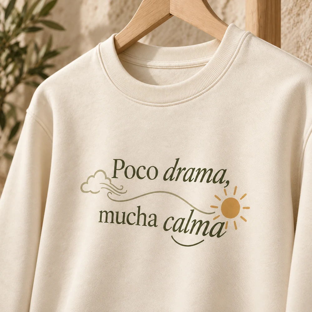 Sudadera Serena en crudo natural, detalle de la personalización a color.
