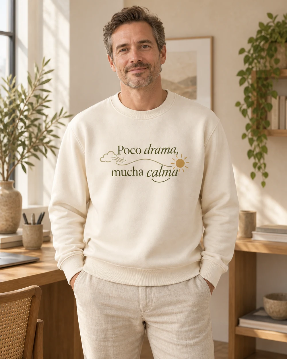 Sudadera Serena en crudo natural, en uso con personalización a color.