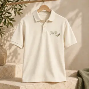 Polo Olivar en crudo natural, vista principal con personalización a color.