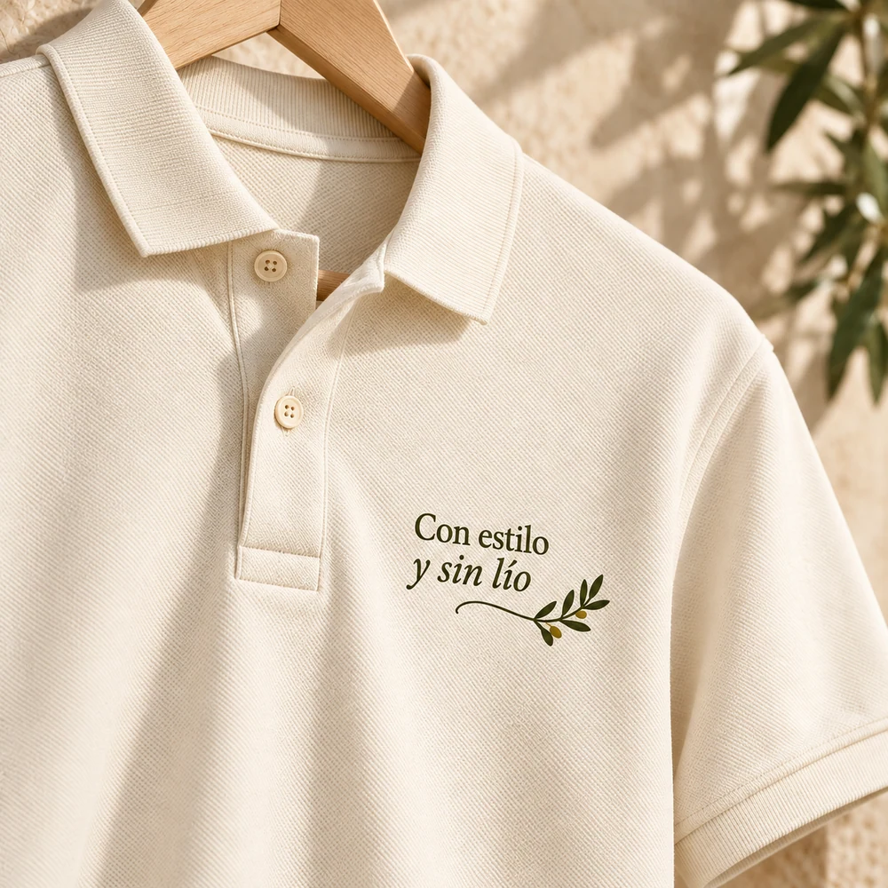 Polo Olivar en crudo natural, detalle de la personalización a color.