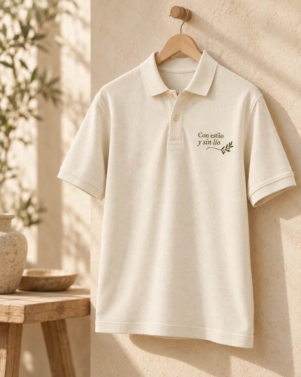 Polo Olivar en crudo natural, en un ambiente de uso con personalización a color.