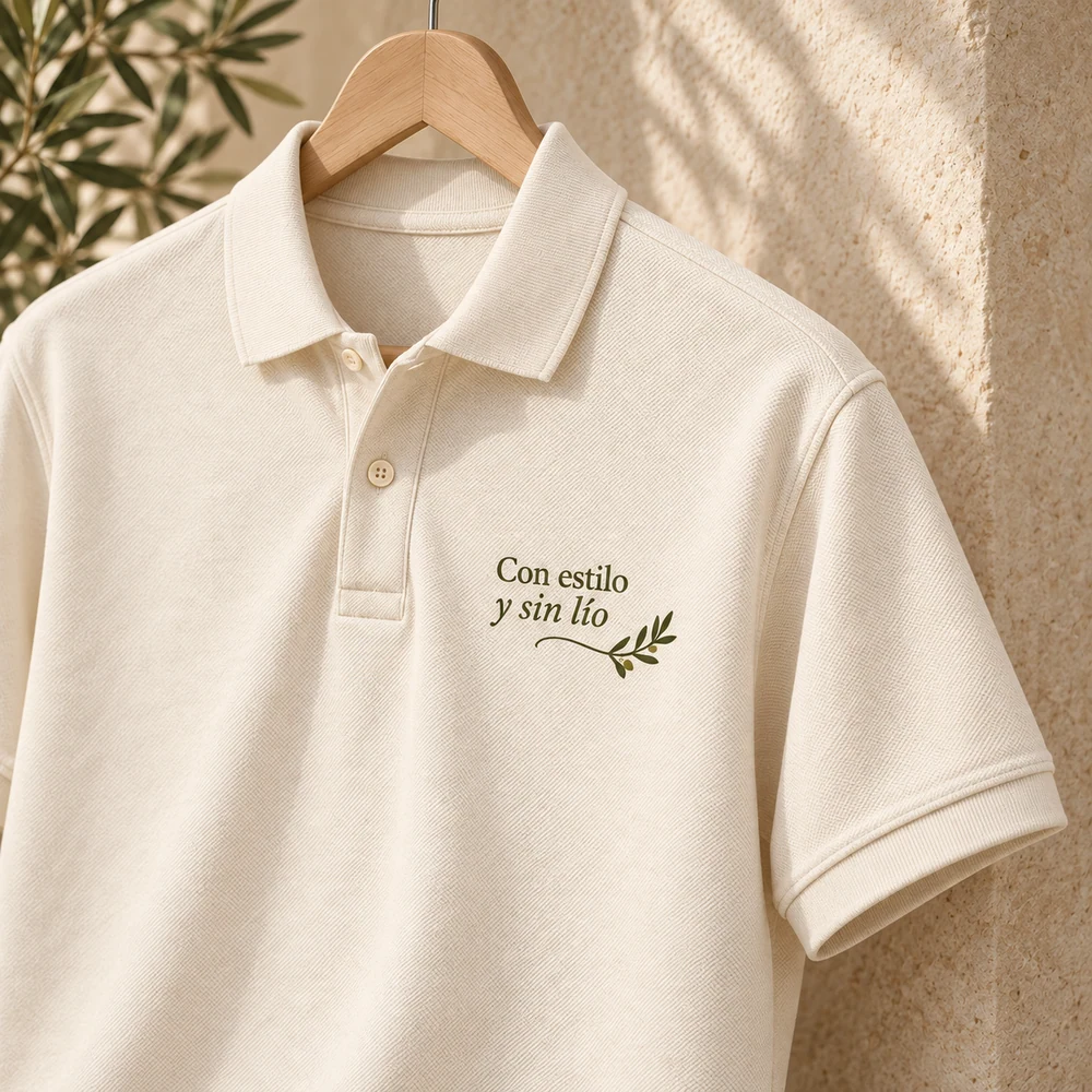 Polo Olivar en crudo natural, detalle de la personalización a una tinta.