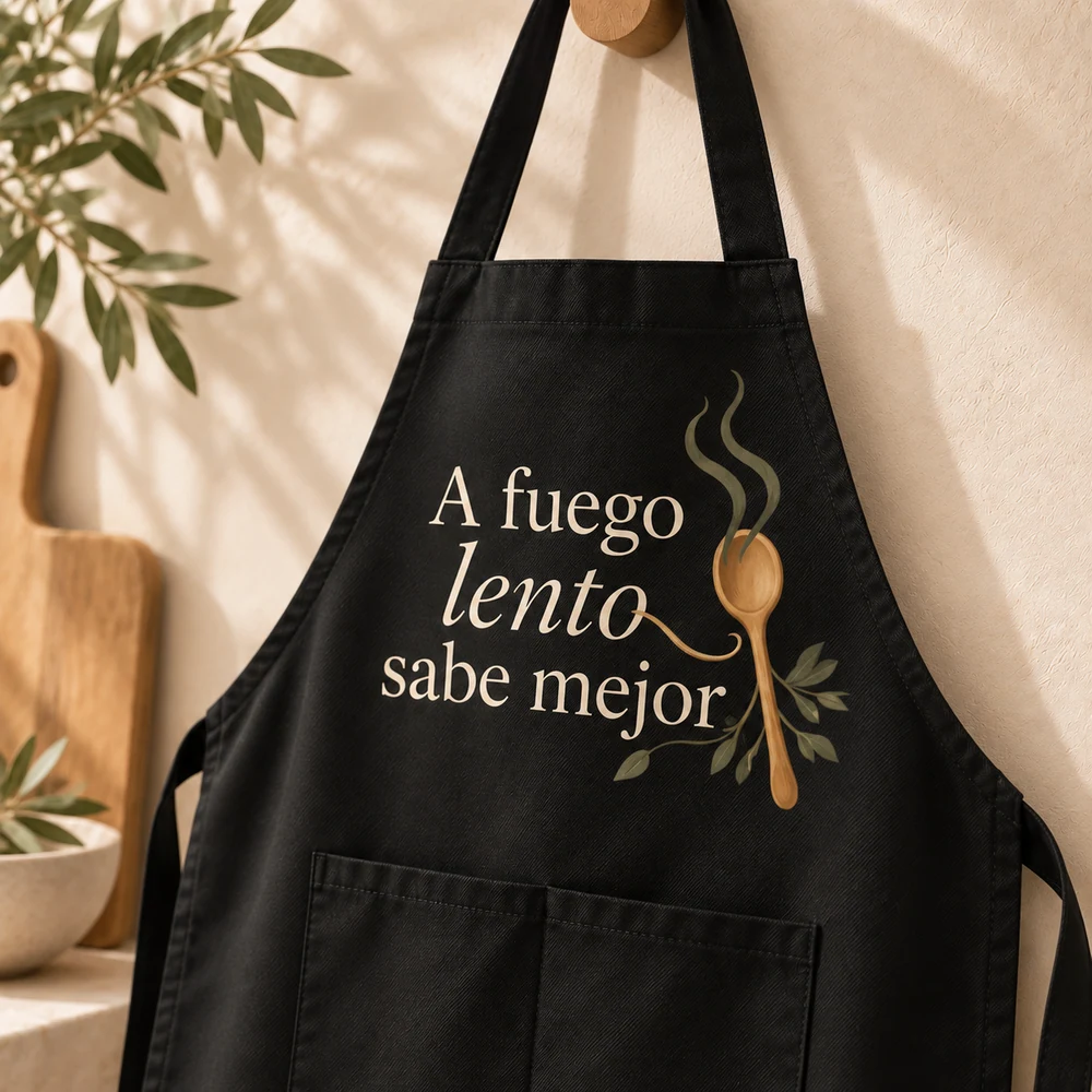 Delantal Raíz en negro, detalle de la personalización a color.