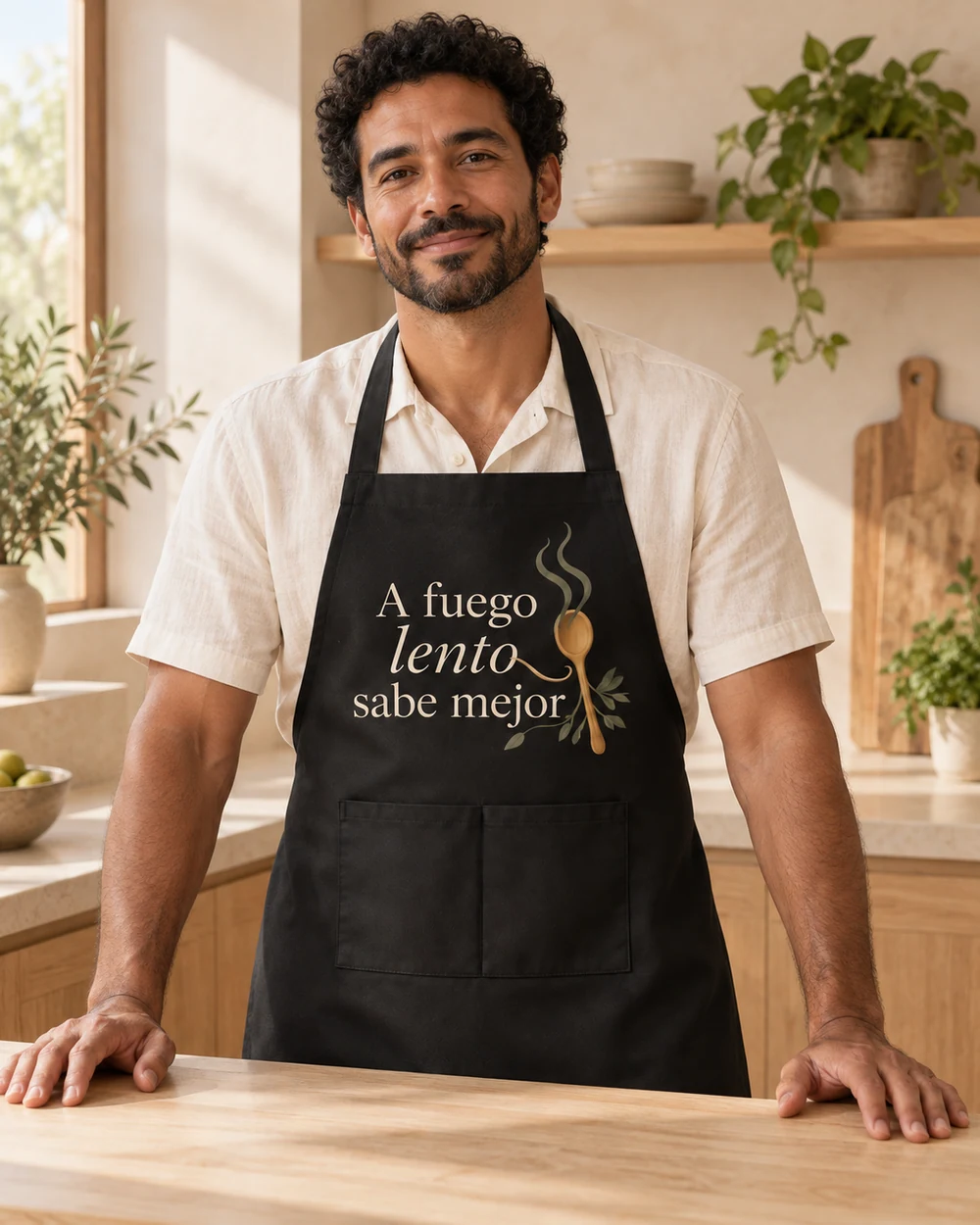 Delantal Raíz en negro, en uso con personalización a color.
