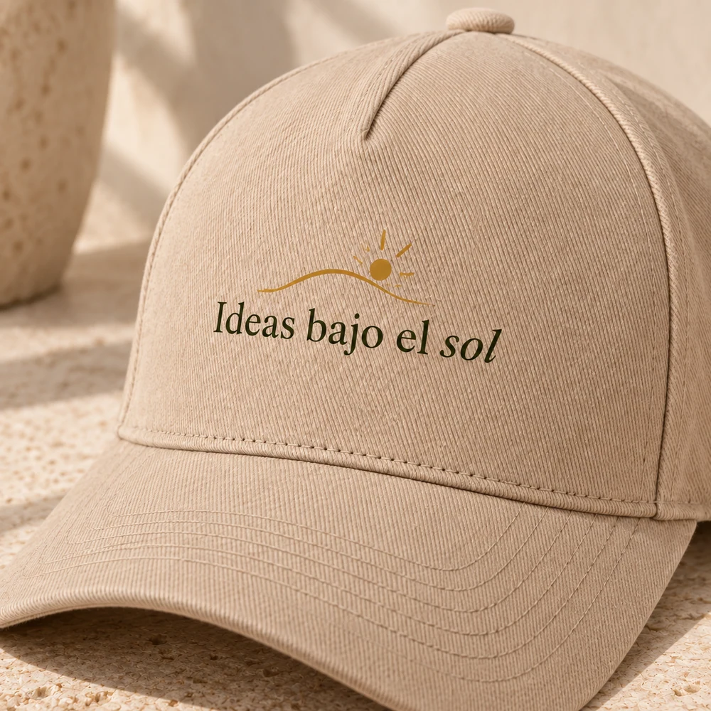 Gorra Claro en beige hemp, detalle de la personalización a color.