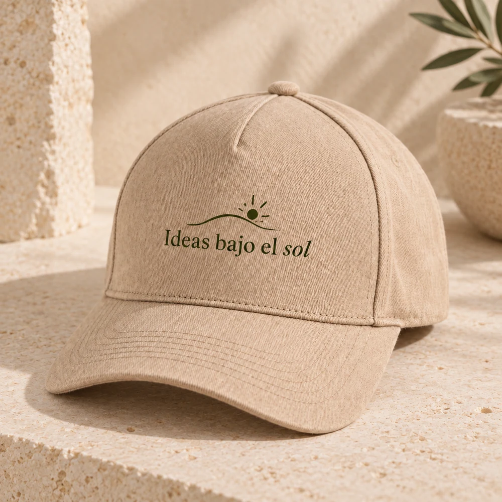 Gorra Claro en beige hemp, detalle de la personalización a una tinta.