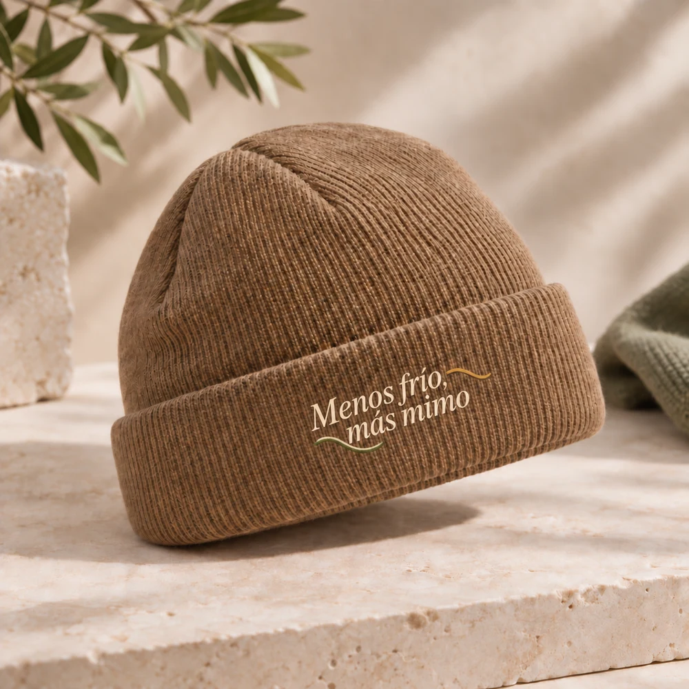 Gorro Nido en marrón biscuit, vista principal con personalización a color.